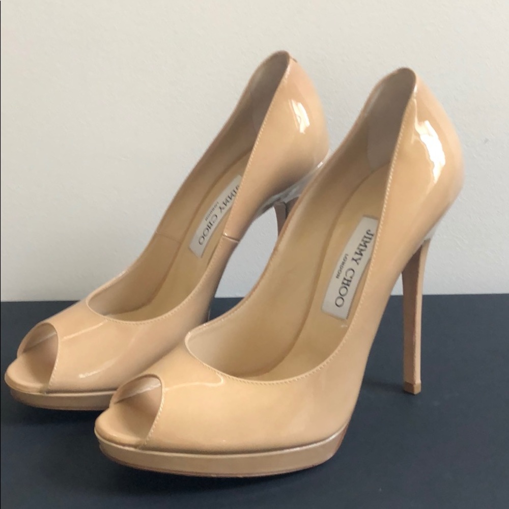 Jimmy Choo Patent peep toe pump 39.5 Nude NWT